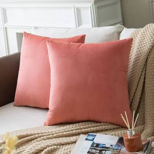 lot 16224 image: Colormz Set of 2 Salmon Pink Colored Solid Velvet Throw Pillow Covers, Cozy Soft Accent Pillow Cases for Sofa Couch Bed and Living Room - 18x18