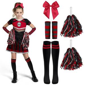 lot 16267 image: Spooktacular Creations Halloween Cheerleader Costume Girls, Bad Spirit Costume for Kids, Skull Scary Cheerleader Outfit with Accessories for Girls Halloween Parties Role Play, Red Black, L