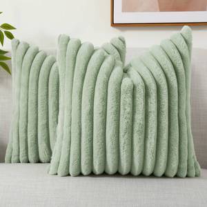 lot 16269 image: decorUhome Faux Fur Throw Pillow Covers 18x18 Set of 2, Decorative Soft Plush Striped Couch Pillow Covers with Velvet Back for Sofa, Bed, Living Room, Sage Green