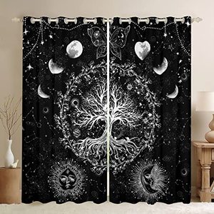 lot 16270 image: Sun and Moon Blackout Curtains(30%-50% ) Bohemian Tree Butterfly Curtain Psychedelic Hippie Darkening Window Dreapes for Bedroom Decor Galaxy Astrology Window Treatments (2 Panels 52 x 63 Inch)