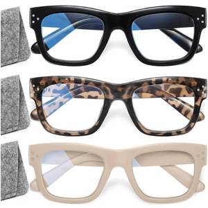 lot 16297 image: Madison Avenue 3 Pack Multicolor Thick Square Reading Glasses for Women, Oprah Blue Light Blocking Computer Readers Black,Tortoise,Beige 1.5