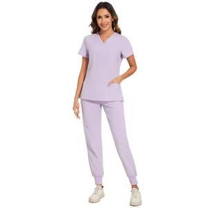 lot 16316 image: COZYFIT Scrubs for Women Set - Stretch V-Neck Scrub Top & Jogger Pant with 8 Pockets, Yoga Waistband, Anti Wrinkle, Slim Fit Women Scrubs - Light Lilac Purple, M