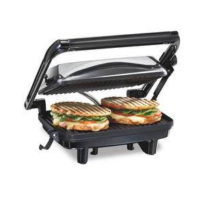 lot 16317 image: Hamilton Beach Panini Press Sandwich Maker & Electric Indoor Grill with Locking Lid, Opens 180 Degrees for any Thickness for Quesadillas, Burgers & More, Nonstick 8 x 10 Grids, Chrome (25460A)