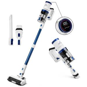 lot 16318 image: BRITECH Cordless Lightweight Stick Vacuum Cleaner, 300W Motor for Powerful Suction 40min Runtime, LED Display Screen & Headlights, Great for Carpet Cleaner, Hardwood Floor & Pet Hair (Blue) - Retail $185.03