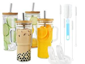 lot 16327 image: Glass Cups with Bamboo Lids and Straws,24oz Tumbler With Handle,4 Pack Mason Jar with Lid and Straw-Wide Mouth Reusable Drinking Glasses,Boba Cup Smoothie Tumbler Iced Coffee Cup Travel Mug