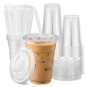 lot 16330 image: AOZITA 100Pack, 16 oz Plastic Cups With Lids and Straws, Disposable Clear Plastic Cups With Lids for Iced Coffee, Smoothie, Milkshake and Cold Drinks