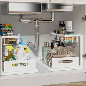 lot 16338 image: REALINN Under Sink Organizer, Pull Out Cabinet Organizer 2 Tier Slide Out Sink Shelf Cabinet Storage Shelves, Under Sink Storage for Kitchen Bathroom Cabinet, White, 2 Pack