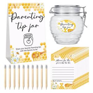 lot 16341 image: Roowest Baby Shower Games Prizes Advice Baby Shower to Baby Parenting Tip Jar Sign for New Parents 60 Parenting Advice Cards 10 HB Pencils 2 Cute Stickers 1 PET Bottle for New Parents Guests (Honey)