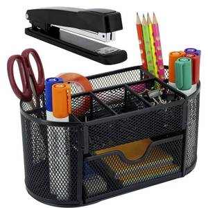 lot 16362 image: Neudeco Desk Organizers Mesh Desktop Office Supplies Multi-functional Caddy Pen Holder Stationery with 8 Compartments and 1 Drawer  Stapler with 1000 Staples Combo for Office Home School Black