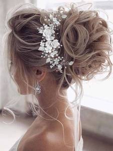 lot 16380 image: Unicra Flower Bride Wedding Hair Vine Pearl Bridal Hair Piece Leaf Hair Accessories Rhinestone Headband for Women and Girls (9inches) (Silver)