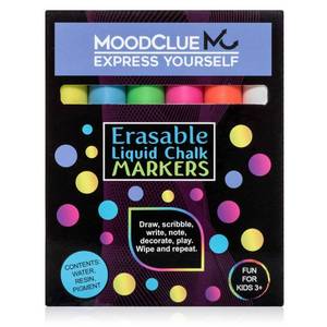 lot 16398 image: MoodClue Liquid chalk markers erasable. 6 neon dry & wet erase marker pens for windows, mirrors, whiteboards, chalkboards, glass boards, auto windshields. Reversible thick and thin tip. Washable