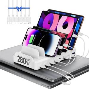 lot 16414 image: 280W Charging Station for Multiple Devices, 8 Port USB C Charging Station Fast Charge for MacBook iPhone 15 Phone iPad Tablets (6 Mixed Short Cables Included) White