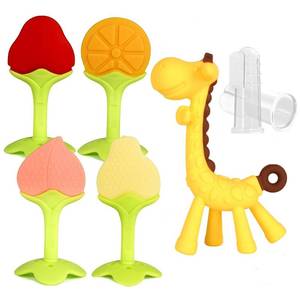 lot 16946 image: Fu Store Baby Teething Toys (7 Pack) for Newborn BPA Free Infant Toddler Silicone Fruit Giraffe Teethers Finger Toothbrush Strawberry Orange Peach Pear Soothe Babies Gums Set with Storage Case