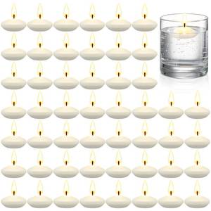 lot 16957 image: 50 Pieces 1.5 Inch Christmas Unscented Floating Candles for Centerpieces Votive Floating Candles for Wedding Party Pool Spa Valentines Day Bathtub Dinner(White)