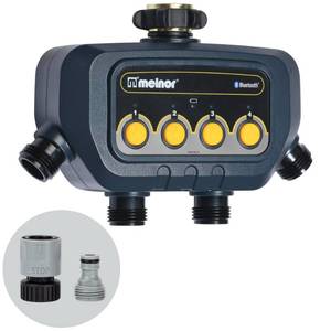 lot 16976 image: Melnor 65184AMZ Bluetooth Water Timer with 4-Zone Control, 12 Programmable Start Times, Watering Delay, Manual Mode, Weather-Resistant, 2 Piece Quick Connect Bundle, Black, Yellow - Retail $87.98a