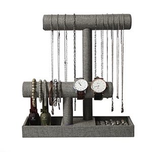 lot 16995 image: Coward 2 Tier Necklace Bracelet Holder Organizer with Ring Tray, Linen Jewelry Display Stand for Watch Scrunchie Lipstick, Perfumes,Nail polish (Gray Linen)