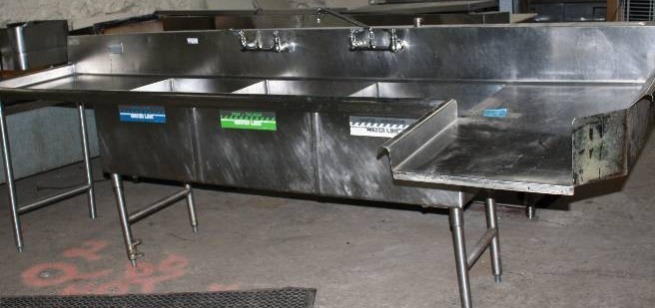 lot 3791 image: 132 inch 3 Bay Stainless Steel Sink setup for Dishwasher