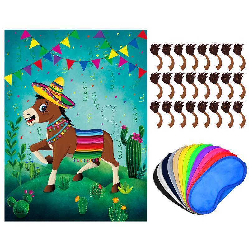 lot 1129 image: Pin The Tail On The Donkey Party Game, Mexican Donkey Game Poster Come Extra with Donkey Tail and Eye Masks for Donkey Party Favors, Kids Birthday Party, Fiesta Party Retail $10.29