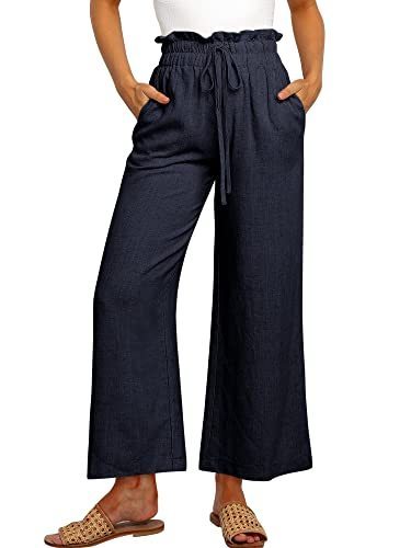lot 1303 image: Linen Pants Casual Loose High Waist Wide Leg Cropped Palazzo Small Navy Blue Retail $27.00
