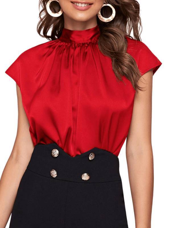 lot 1309 image: Mock Neck Satin Short Sleeve Shirt Tie Back Red M Retail &28.79