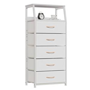 lot 1249 image: Furnulem White Dresser with 5 Drawers, Vertical Storage Tower Fabric Dresser for Bedroom, Hallway, Entryway, Nursery, Closet Organizer, Nightstand Bedside Table Furniture, Sturdy Steel Frame, Wood Top Retail $58.78