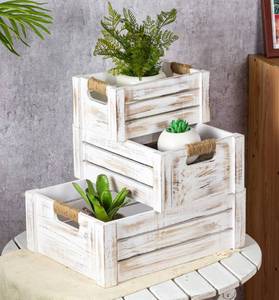 lot 1003 image: TIMRIS Set of 3 Rustic Wood Nesting Crates, Farmhouse Wooden Storage Container Boxes with Cutout Handles, Decorative Wooden Baskets for Display (Whitewash) Retail $49.99