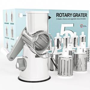 lot 1044 image: Cambom Rotary Cheese Grater Hand Crank Cheese Shredder for Fresh Cheese, Vegetable, Nuts,Non-slip Suction Base, Five Blades, White Retail $35.14