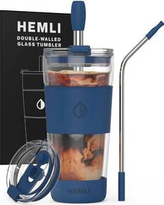 lot 1052 image: Hemli 19 oz. Clear Double Wall Glass Coffee Tumbler, To Go Glass Travel Mug with Lid, Portable Glass Thermos with Straw, Reusable Cup for Coffee, Tea, Smoothies, Ice Coffee, and Boba (Dark Blue) Retail $25.72