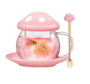 lot 1055 image: Cute Cups Mushroom Tea Cup with Infuser and Lid, Kawaii Glass Tea Cups and Saucers, 290ML Mushroom Mugs with spoon, Present for Christmas, Perfect for Girls Women for Home and Office Use 9.6oz (Pink) Retail $23.74