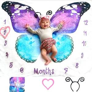 lot 1066 image: Evovee Baby Monthly Milestone Blanket Girl Boy Unisex Gender Neurtal Month Age Photo Photography Backdrop Newborn Props Nursery Decor Fleece Marker New Moms - Butterfly Headband Retail $23.00