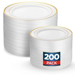 lot 1068 image: Munfix Gold Plastic Plates Set, 46 Pcs 10 Inch Plastic Dinner Plates and 21 Pcs 7 Inch Plastic Dessert Plates, Elegant Fancy Heavy Duty Disposable Plates for Party, Wedding, White with Gold Rim Retail $19.97