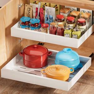 lot 1078 image: 16.9 Deep Pull out Cabinet Organizer, Expandable (11.81-18 W) Peel and Stick Pull Out Drawers for Kitchen Bathroom Cabinet Retail $49.99
