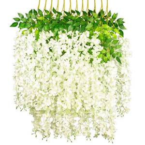 lot 1105 image: GPARK 12 Pack 45 inch 3.7ft Wisteria Hanging Artificial Flowers Fake Bushy Silk Vine Garland String for Wedding Party Garden Greenery Home Wall Deco Milk White Retail $25.00