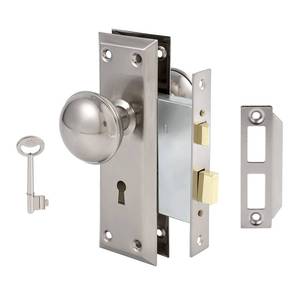 lot 1111 image: Toptotoo Mortise Lock Set for Interior Door, Vintage Antique Door Knobs with Lock and Skeleton Key, Old Door Knob Replacement Fits 1-38 in 1-34 in, Brushed Satin Nickel Finish Retail $32.49
