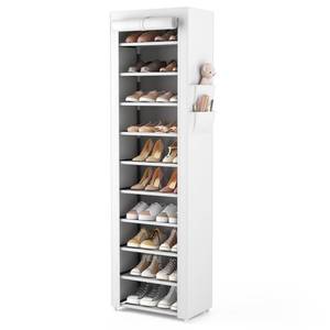 lot 1121 image: VTRIN Vertical Narrow Shoe Rack Organizer Tall Shoe Rack for Closet Entryway 10 Tier Non-Woven Cover Shoe Shelf Holds 20-22 Pairs Free Standing Shoe Storage Cabinet with Dustproof Cover, White Retail $39.99