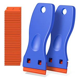 lot 1122 image: Plastic Razor Blade Scraper, 2 Pack Razor Scraper with 120 Pcs Razor Blades for Removing Glue, Sticker, Decals, Tint from Car Window and Glass(Blue) Retail $13.46