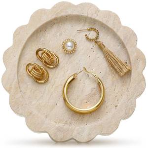 lot 1131 image: Threehoney 5.5 Inch Small Travertine Round Scallop Edge Tray Decorative Marble Jewelry Tray Stone Dish Tray for Counter Dresser Nightstand, Trinket Tray for Women Gift Retail $25.99