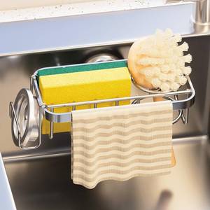 lot 1163 image: TAILI 4-in-1 Sponge Holder for Kitchen Sink with Strong Suction Cup,Dish Sponge Holder Inside Sink Removable, Rustproof Aluminum Sink Caddy for Sponge, Brush,Scrubber,Sink Stopper and Scraper -Silver Retail $21.24