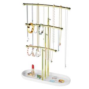 lot 1167 image: SZQINJI Jewelry Stand Organizer, Metal Jewelry Tree Holder 3-Tier Jewelry Storage Tower for Necklace Display, Bracelet Hanging Gold White Retail $31.24