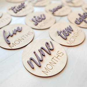 lot 1185 image: Baby Monthly Milestone Markers Disc, Wooden 3D Baby Milestone Cards for Baby Photos, 6-Pack Baby Announcement Sign,1-12 Months, 4 Inches in Size (Mauve) Retail $12.49