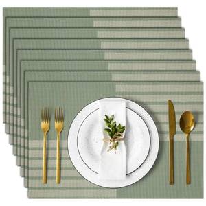 lot 1203 image: COSMOCASA Vinyl Striped Placemats Set of 8, Reversible Plastic Woven Dining Table Mats Indoor & Outdoor, Washable, Easy to Clean, Heat Resistant Place Mats, Light Brown, 18 x 12 Retail $19.99