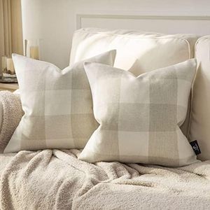 lot 1205 image: Phantoscope Pack of 2 Gingham Buffalo Check Plaid Throw Decorative Pillow Cover Outdoor Indoor Throw Pillows Farmhouse Square Pillow Cases for Home Decor Off White,18 x 18 Inches Retail $19.54