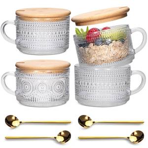 lot 1218 image: Vintage Coffee Mugs 4pcs Set, Clear Embossed Tea Cups with Bamboo Lids and Spoons, 14 Oz Glass Coffee Cups, Cute Coffee Bar Accessories, Iced Coffee Glasses, Ideal for Cappuccino, Latte (Transparent) Retail $22.49