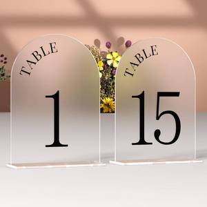 lot 1246 image: Frosted Table Numbers, 5x7 Wedding Table Numbers 1-15, Arch Acrylic Table Number Holder with Stands for Wedding Party Event Retail $44.99