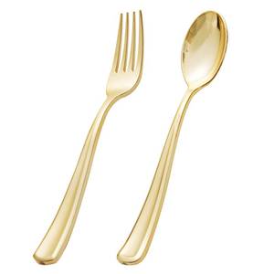 lot 1254 image: BUCLA 200 Pieces Gold Plastic Silverware - Disposable Gold Utensils - Heavy Duty Plastic Cutlery set- 100 Gold Plastic Forks, 100 Gold Plastic Spoons for Catering, Parties, Dinners, Weddings Retail $31.24