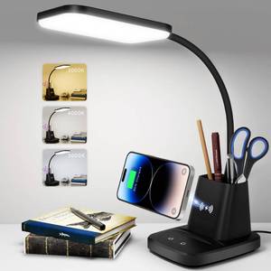 lot 1266 image: Sailstar Desk Lamp, LED Desk Lamps for Home Office, Wireless Charger Small Desk Lamp with Pen Holder, 3 Color Modes, Dimmable, CRI 85, 800 LM, Study Lamp for College Dorm Room, Adapter Included, Black Retail $44.99