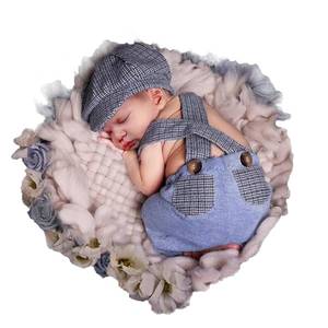 lot 1298 image: Holibeat Newborn Boy Photography Props Baby Boy Photo Shoot Outfits Infant Gentleman Romper Suits with Hat (check) Retail $21.24