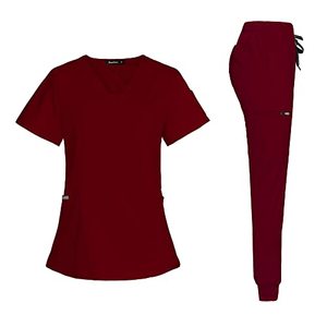 lot 1299 image: niaahinn Scrub Suit Set for Women Modern V-neck Top & Tapered Leg Jogger Pants with Drawstring Medical Nursing Uniforms Set (Burgundy, M) Retail $50.55