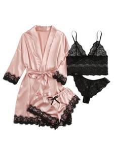 lot 1302 image: SOLY HUX Womens Satin Pajama Set 4pcs Floral Lace Trim Cami Lingerie Sleepwear with Robe Pink X-Large Retail $34.00