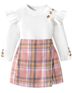 lot 1306 image: Aulyffo Toddler Girl Clothes 5T Girls Clothes Size 6 White Ruffle Shirt Button Long Sleeve Tops  Pink Plaid Mini Skirt Shorts  Cute Hat 3PCS Fashion Girls Clothing Sets Retail $28.01